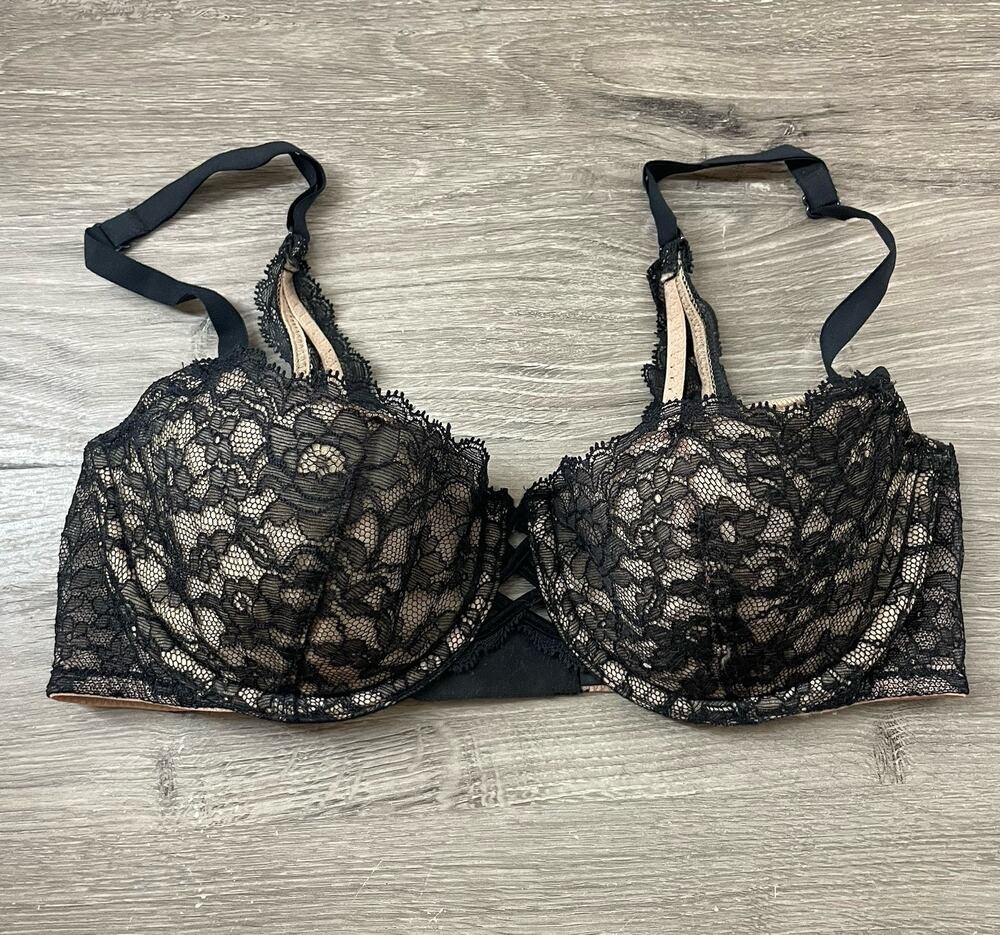 Victoria's Secret Very Sexy Balconet Bra 32C Black Lace Nude Mesh Strappy Detail